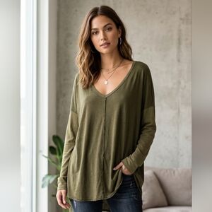 Free People Olive V-Neck Long Sleeve Top